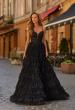 Picture of: Tiered Lace A-Line Gown with Corset Bodice and Slit in Black, Style: 33525, Detail Picture 1