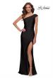 Picture of: One Shoulder Shiny Ruched Jersey Dress with Slit in Black, Style 29619, Detail Picture 2