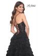 Picture of: Ruffle A-Line Dress with Ruched Bodice and Sequin Lace Applique in Black, Style: 32108, Detail Picture 2