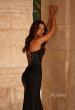 Picture of: Ruched Jersey Prom Dress with Rhinestone Top and Deep V in Black , Style 32729, Detail Picture 2