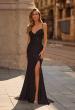 Picture of: Lace Bodice Fitted Gown with Slit and Open Crisscross Back in Black, Style: 33386, Detail Picture 5