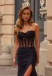 Picture of: Strapless Lace Applique Corset Gown with High Slit in Black, Style: 33399, Detail Picture 6
