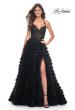 Picture of: Ruffle Tulle Prom Gown with Illusion Lace Bodice and High Slit in Black, Style: 32128, Detail Picture 7