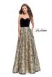 Picture of: Strapless Ball Gown with Velvet Bodice and Rose Print Skirt in Black Gold, Style: 25581, Main Picture
