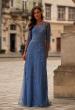 Picture of: Beaded Lace Applique Dress with Tulle Skirt and Illusion Sleeves in Blue, Style: 32612, Main Picture