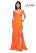 Picture of: Stretch Satin Prom Dress with Eyelet Detail Neckline in Bright Orange, Style 32671, Detail Picture 6