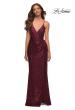 Picture of: Draped Slit Long Sequin Gown with Lace Up Back in Burgundy, Detail Picture 8