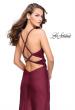 Picture of: Satin Prom Dress with Ruching and Open Strappy Back in Burgundy, Style: 26036, Back Picture