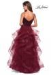 Picture of: Cascading Tulle Gown with Satin Top and V Back in Burgundy, Style: 27502, Back Picture
