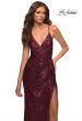 Picture of: Draped Slit Long Sequin Gown with Lace Up Back in Burgundy, Detail Picture 3