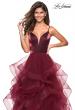 Picture of: Cascading Tulle Gown with Satin Top and V Back in Burgundy, Style: 27502, Detail Picture 4