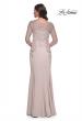 Picture of: Fitted Long Satin Dress with Lace Bodice and Sleeves in Champagne, Style: 31194, Back Picture