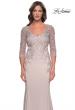 Picture of: Fitted Long Satin Dress with Lace Bodice and Sleeves in Champagne, Style: 31194, Detail Picture 1