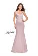 Picture of: Long Mermaid Gown with Sheer Deep V and Beading in Champagne, Style: 25454, Detail Picture 3