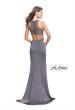 Picture of: Long Jersey Prom Dress with High Neck and Beading in Charcoal, Style: 26130, Back Picture