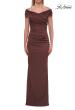 Picture of: Off-the-Shoulder Ruched Satin Evening Gown in Chocolate, Style: 33620, Detail Picture 1