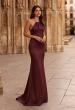 Picture of: Halter Satin Fitted Gown with Open Back in Chocolate, Style: 33732, Main Picture