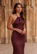 Picture of: Halter Satin Fitted Gown with Open Back in Chocolate, Style: 33732, Detail Picture 9