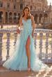 Picture of: Beaded A-Line Tulle Gown with Slit and Open Tie Back in Cloud Blue, Style: 33715, Main Picture