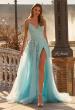 Picture of: Beaded A-Line Tulle Gown with Slit and Open Tie Back in Cloud Blue, Style: 33715, Detail Picture 1