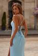 Picture of: Ruched Rhinestone Wrap Gown with Lace-Up Back and High Slit in Cloud Blue, Style: 33340, Detail Picture 4