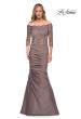 Picture of: Satin Mermaid Gown with Off the Shoulder Lace Bodice in Cocoa, Detail Picture 2