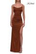 Picture of: Satin Fitted Gown with High Slit and Adjustable Spaghetti Straps in Copper, Style: 33413, Detail Picture 18