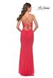 Picture of: Net Jersey Gown with Jeweled Detail in Deep V Neckline in Neon in Coral, Style: 31424, Back Picture