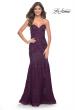Picture of: Strapless Mermaid Ruched Gown with Rhinestone Lace Applique in Dark Berry, Style: 32121, Main Picture