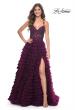Picture of: Ruffle Tulle Prom Gown with Illusion Lace Bodice and High Slit in Dark Berry, Style: 32128, Detail Picture 12