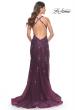 Picture of: Sequin Beaded Floral Gown with Illusion Bodice and High Slit in Dark Berry, Style: 32107, Back Picture