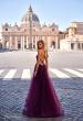Picture of: A-Line Tulle Gown with High Slit and Illusion Rhinestone Fishnet Bodice in Dark Berry, Style: 32135, Back Picture