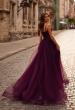 Picture of: Tulle Prom Dress with A-Line Skirt and Ruched Corset Top in Dark Berry, Style 32700, Back Picture