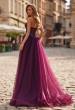 Picture of: Tulle Ball Gown with Beaded Corset Bodice and High Slit in Dark Berry, Style: 33410, Back Picture