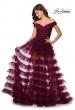 Picture of: Sheer Layered Tulle Off the Shoulder Prom Gown in Burgundy, Style: 28804, Detail Picture 1