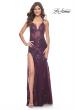 Picture of: Sequin Beaded Floral Gown with Illusion Bodice and High Slit in Dark Berry, Style: 32107, Detail Picture 1