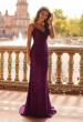 Picture of: Rhinestone Lace Gown with Draped Neckline and Open Back in Dark Berry, Style: 33264, Detail Picture 1