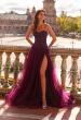 Picture of: Illusion Embroidered Lace Tulle Gown with Slit in Dark Berry, Style: 33551, Detail Picture 2