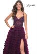 Picture of: Ruffle Tulle Prom Gown with Illusion Lace Bodice and High Slit in Dark Berry, Style: 32128, Detail Picture 3