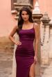 Picture of: Satin Fitted Gown with High Slit and Adjustable Spaghetti Straps in Dark Berry, Style: 33413, Detail Picture 3