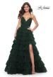 Picture of: A-Line Ruffle Tulle Gown with High Slit and Lace Up Back in Dark Emerald, Style: 32086, Detail Picture 8