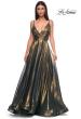 Picture of: Stunning Metallic Chiffon Gown with Ruched Bodice and Slit in Dark Emerald, Style 32864, Detail Picture 8