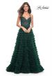 Picture of: Ruffle Tulle Prom Gown with Illusion Lace Bodice and High Slit in Dark Emerald, Style: 32128, Detail Picture 14