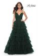 Picture of: A-Line Ruffle Tulle Gown with High Slit and Lace Up Back in Dark Emerald, Style: 32086, Detail Picture 15