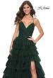 Picture of: A-Line Ruffle Tulle Gown with High Slit and Lace Up Back in Dark Emerald, Style: 32086, Detail Picture 17