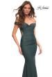 Picture of: Luxe Off the Shoulder Gown with Mesh Side and Back Panels in Dark Emerald, Detail Picture 1
