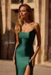 Picture of: Chic Stretch Satin Dress with Illusion Mesh Back in Dark Emerald, Style 32640, Detail Picture 1