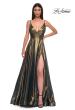Picture of: Stunning Metallic Chiffon Gown with Ruched Bodice and Slit in Dark Emerald, Style 32864, Detail Picture 5
