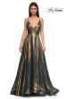 Picture of: Stunning Metallic Chiffon Gown with Ruched Bodice and Slit in Dark Emerald, Style 32864, Detail Picture 7