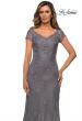Picture of: Short Sleeve Lace Evening Dress with V Neckline in Dark Platinum, Style: 28099, Detail Picture 4